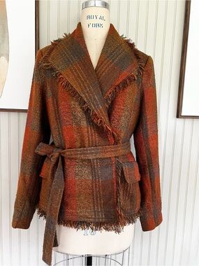 Anthropologie Plaid Tweed Copper Multi Belted Blazer SZ 14